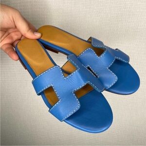 Blue Leather h Slide Sandals